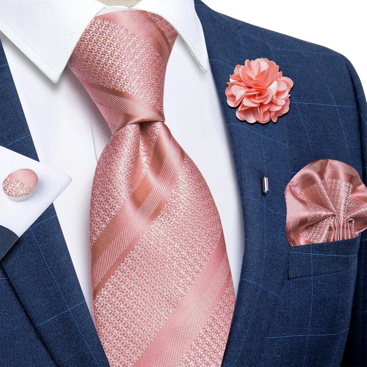 Yellow plaid silk tie set for men with cufflinks, pin, and handkerchief, perfect for weddings and formal occasions.