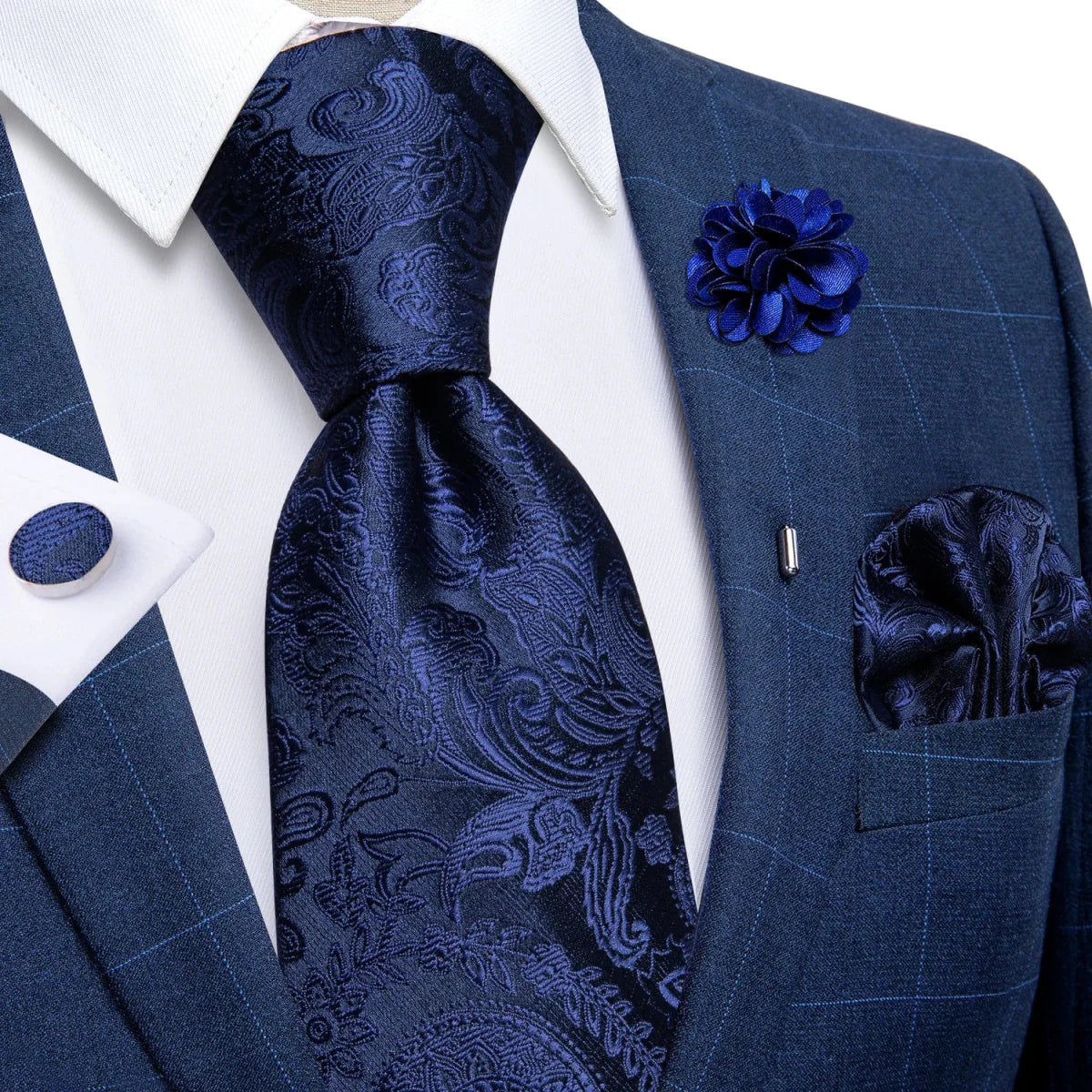 Yellow plaid silk tie set for men with cufflinks, pin, and handkerchief, perfect for wedding accessories and formal occasions.