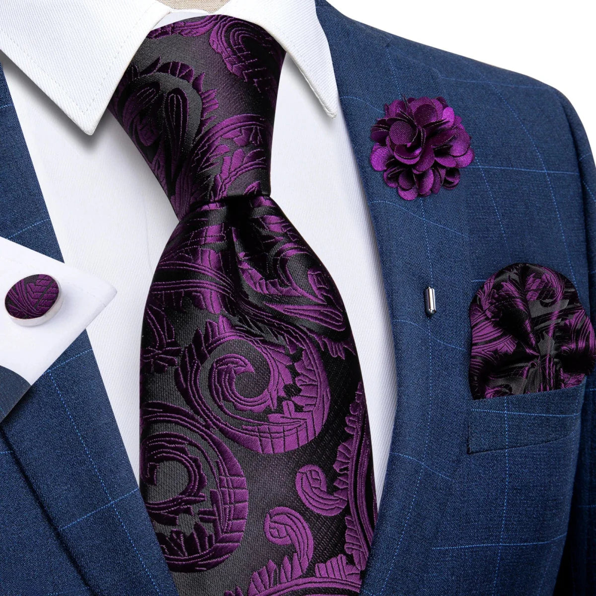 Yellow plaid silk tie set for men with cufflinks, pin, and handkerchief, perfect for weddings and formal occasions.