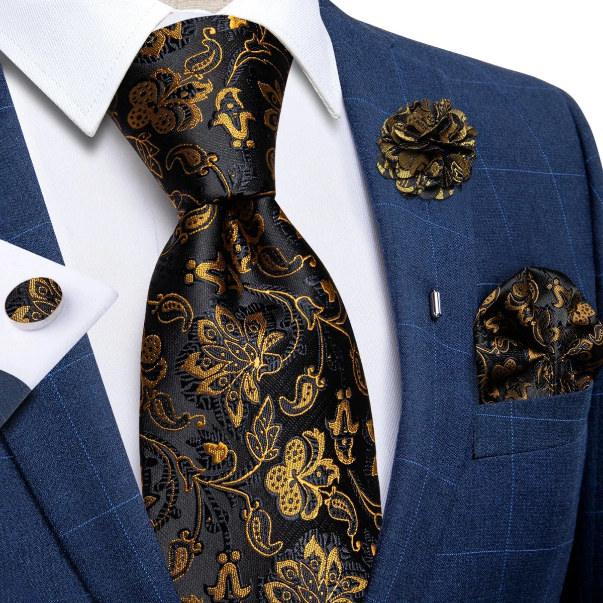 Yellow plaid silk tie set for men featuring cufflinks, brooch, and handkerchief, perfect for weddings or formal occasions.