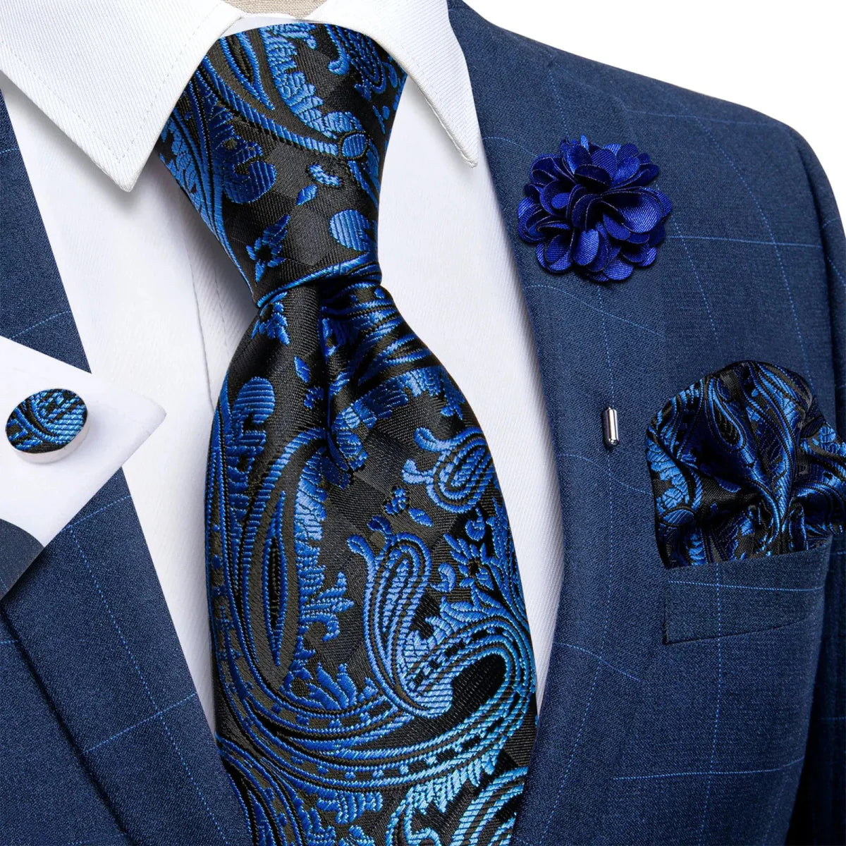 Yellow plaid silk tie set for men with cufflinks, pin, and handkerchief, ideal for weddings and formal occasions.
