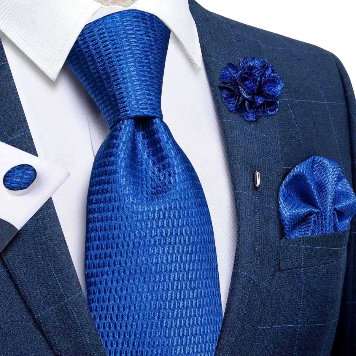 Yellow plaid silk tie set for men with cufflinks, pin, and handkerchief, ideal for wedding accessories and formal occasions.