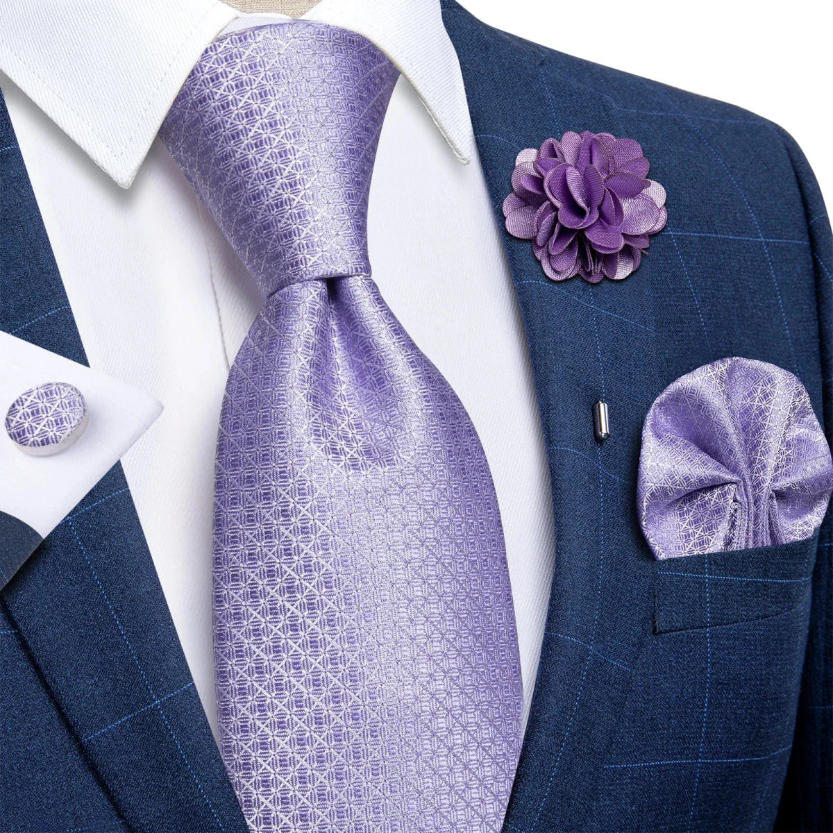 Yellow plaid silk tie set for men with cufflinks, pin, and handkerchief, ideal for weddings and formal occasions.