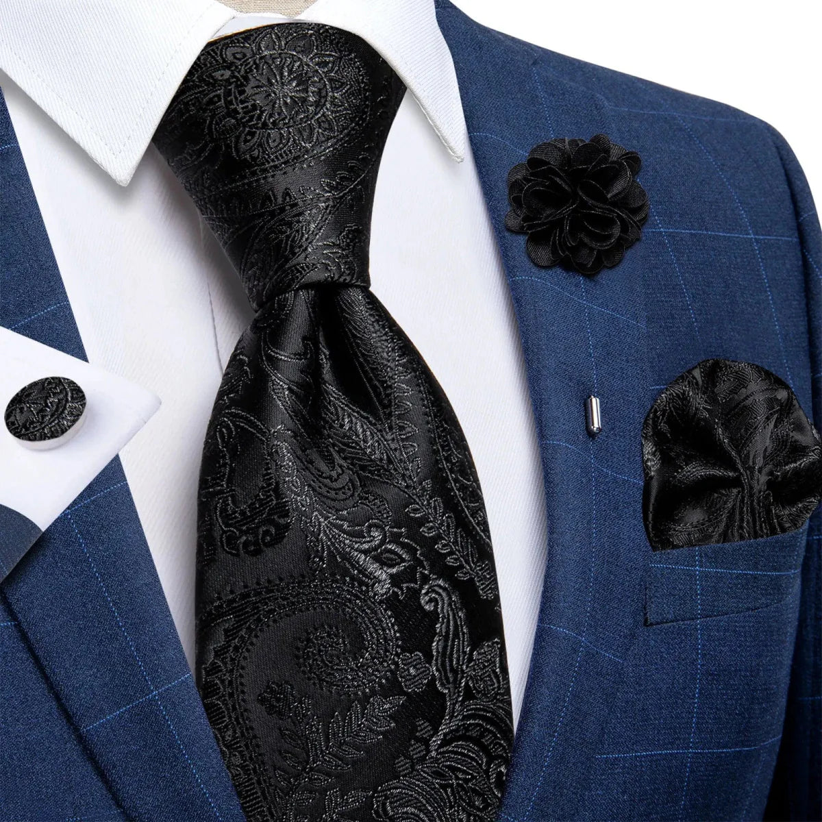 Yellow plaid silk tie set for men includes cufflinks, brooch, and pin, perfect for weddings and formal occasions.