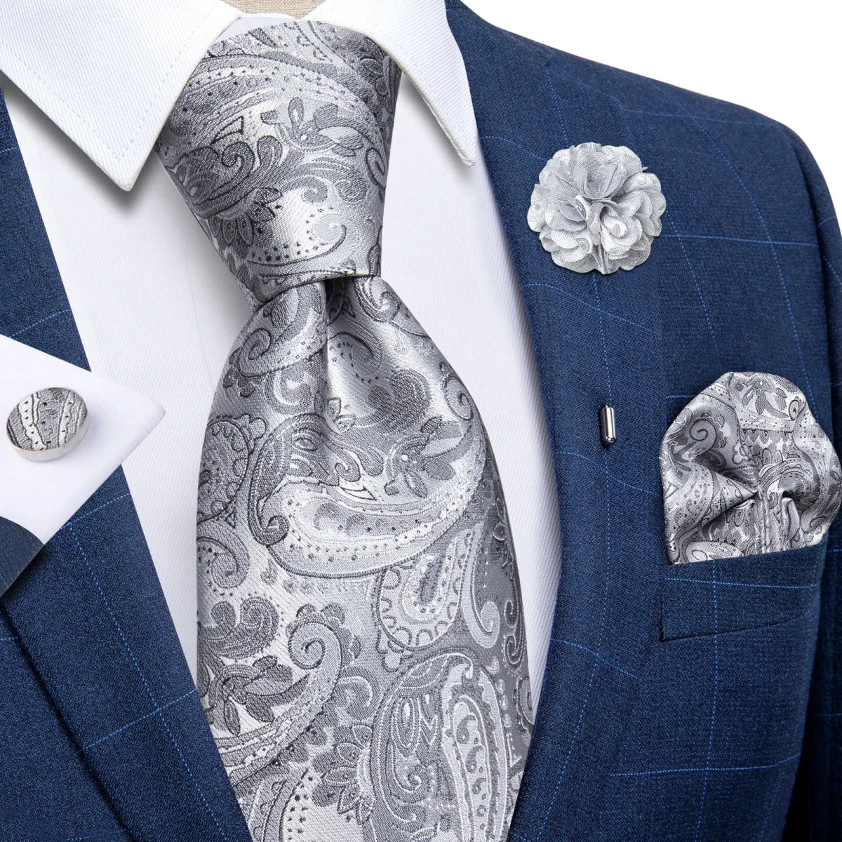 Yellow plaid silk tie set for men with cufflinks, brooch pin, and handkerchief, ideal for weddings and formal occasions.