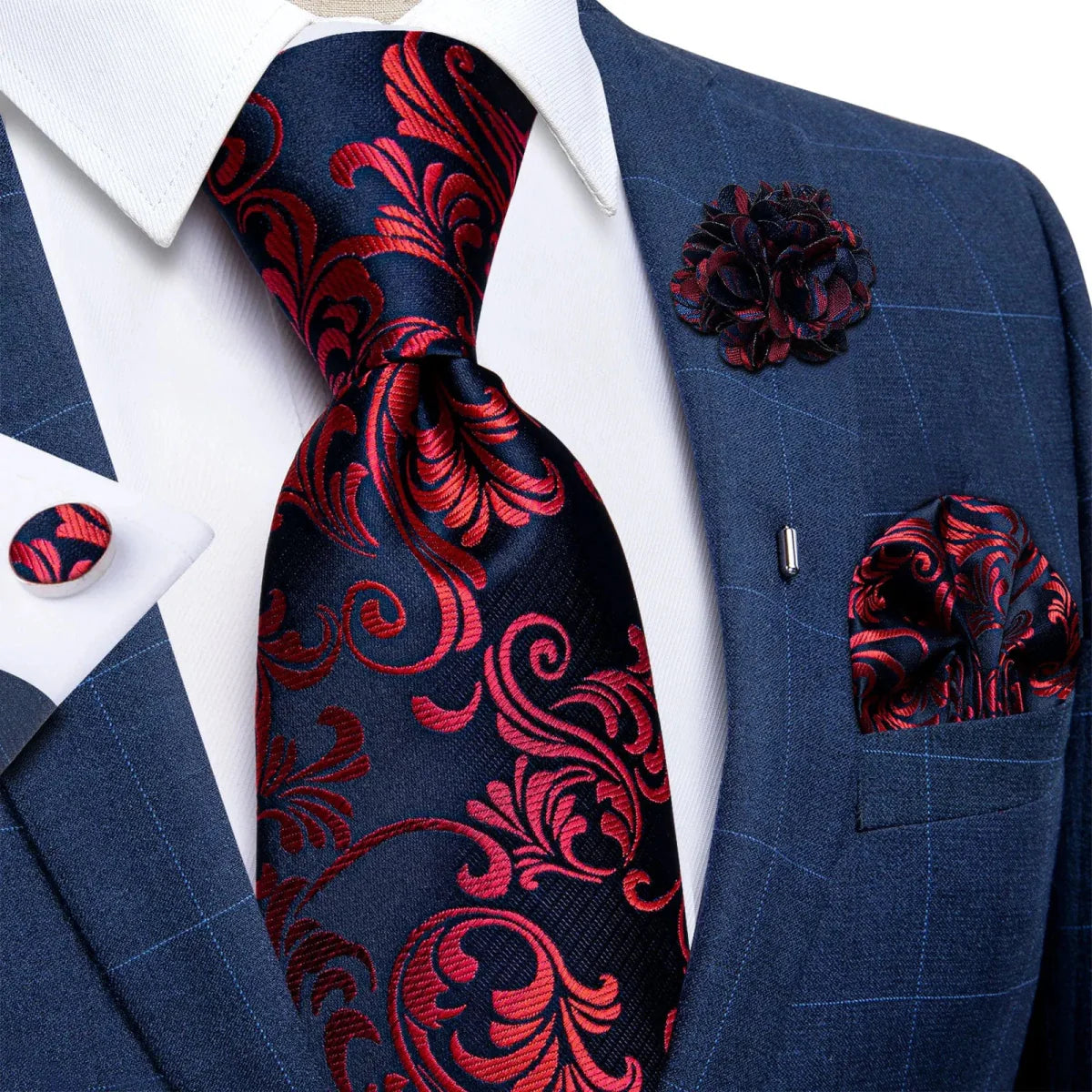 Yellow plaid silk tie set for men with cufflinks, pin, and handkerchief, perfect for weddings and formal occasions.