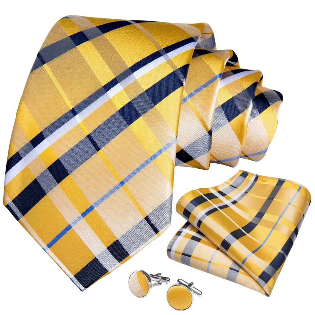 Yellow plaid silk tie set for men with cufflinks, pin, and handkerchief, perfect for wedding and formal accessories.