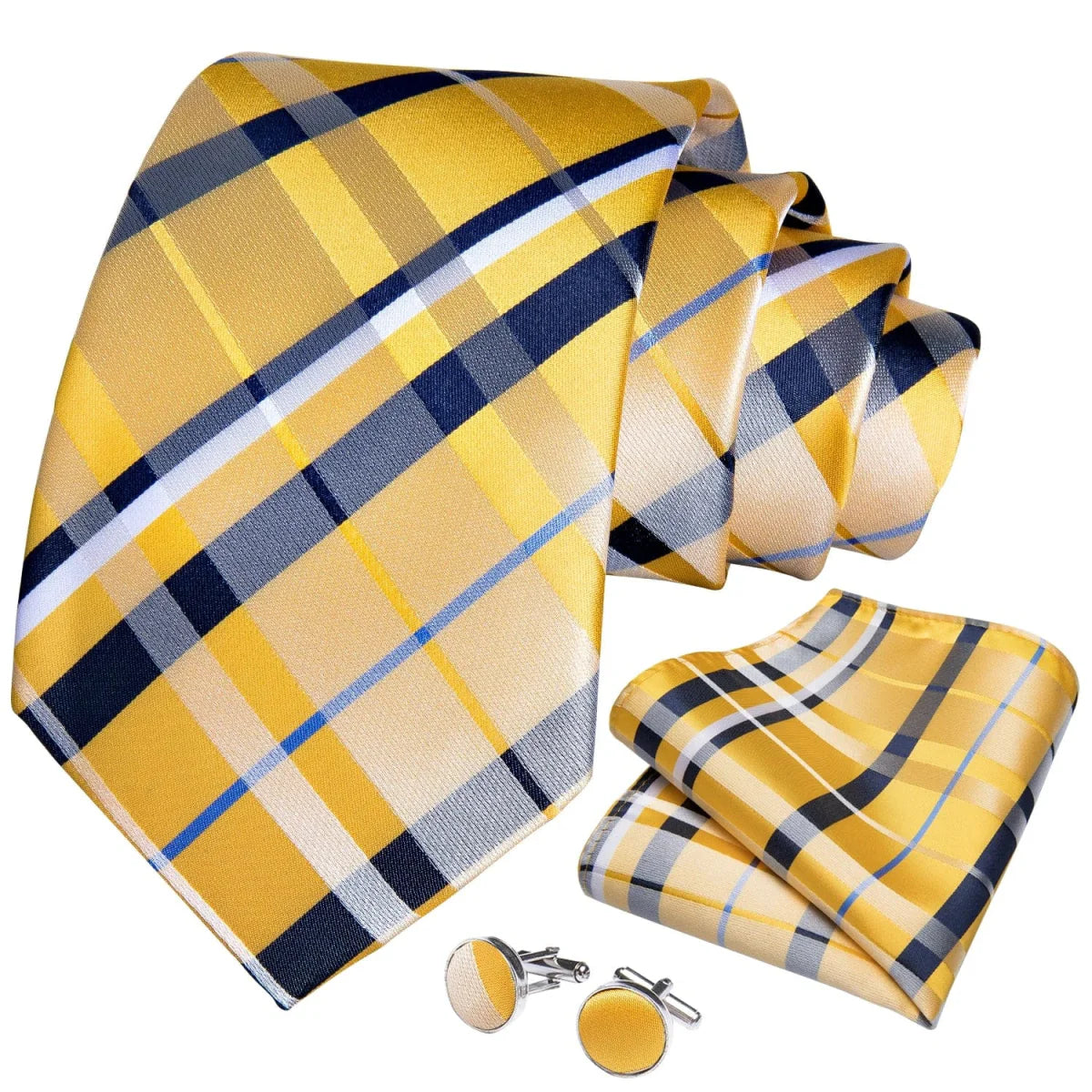Yellow plaid silk tie set for men with cufflinks, pin, and handkerchief, perfect for wedding and formal accessories.