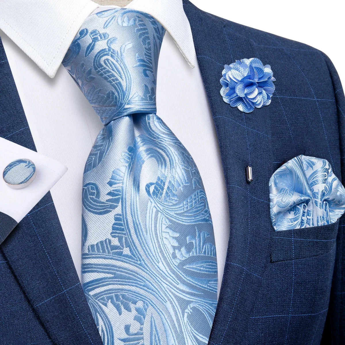 Yellow plaid silk tie set for men with cufflinks, pin, and handkerchief, perfect for weddings and formal occasions.