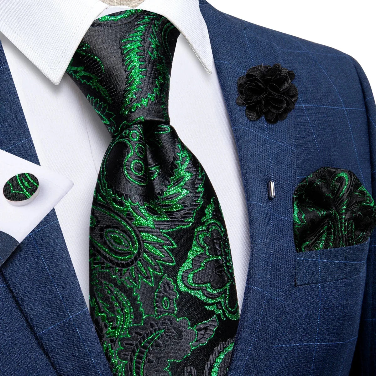 DiBanGu yellow plaid silk tie set for men with matching cufflinks, pin, and handkerchief, perfect for weddings and formal occasions.