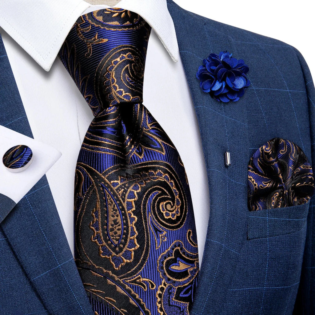Yellow plaid silk tie set for men includes cufflinks, pin, and handkerchief, perfect for wedding or formal occasions.