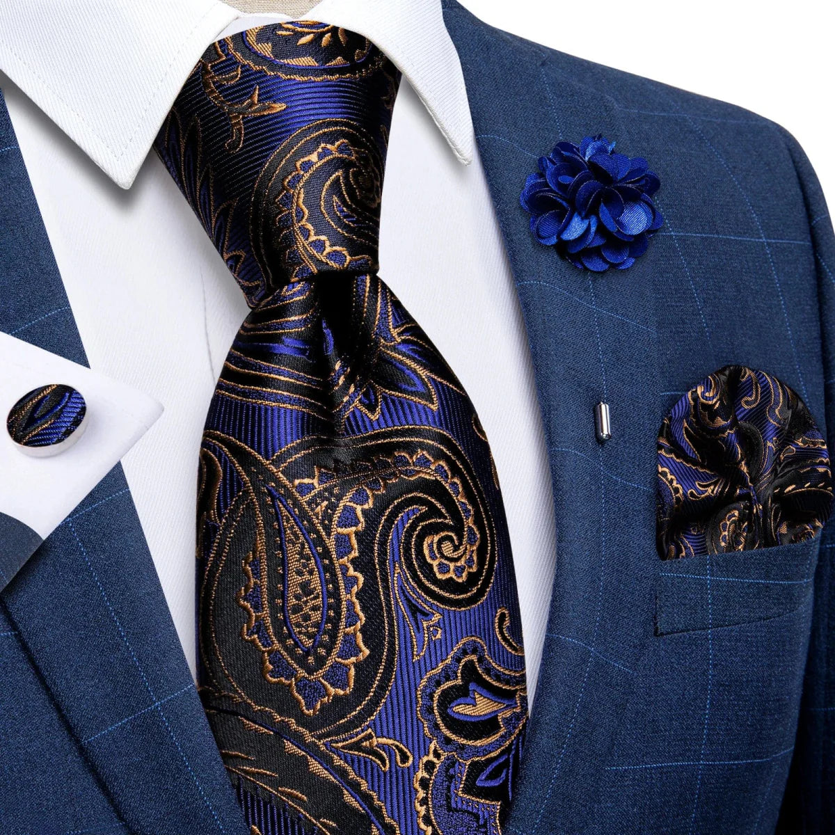 Yellow plaid silk tie set for men includes cufflinks, pin, and handkerchief, perfect for wedding or formal occasions.