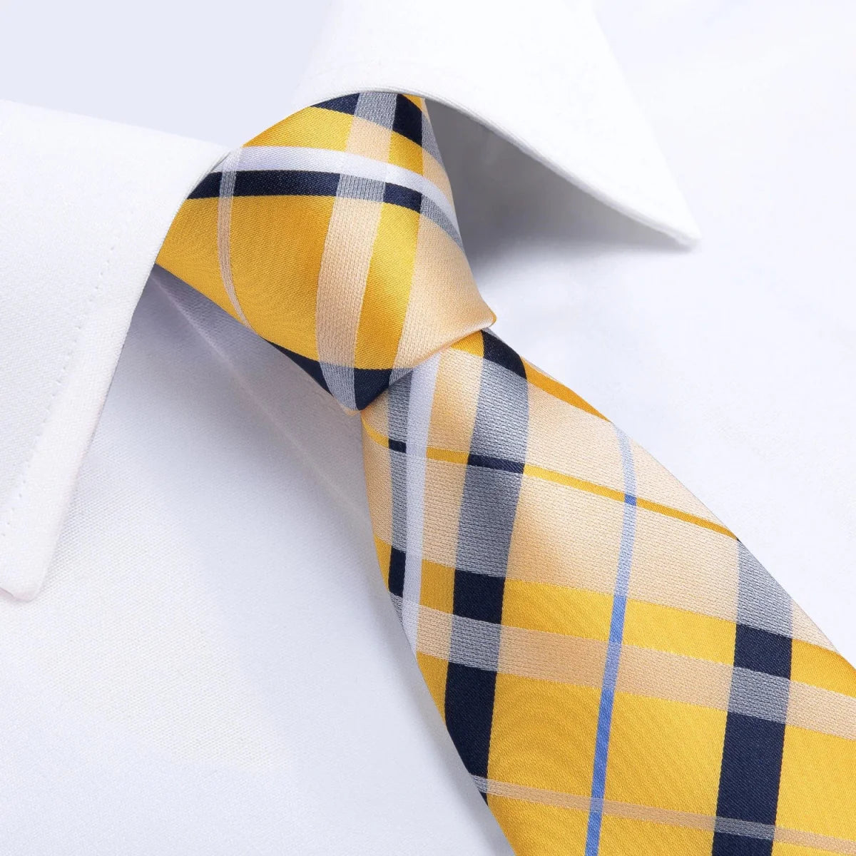 Yellow plaid silk tie set for men including cufflinks and pin, perfect for weddings and formal occasions.