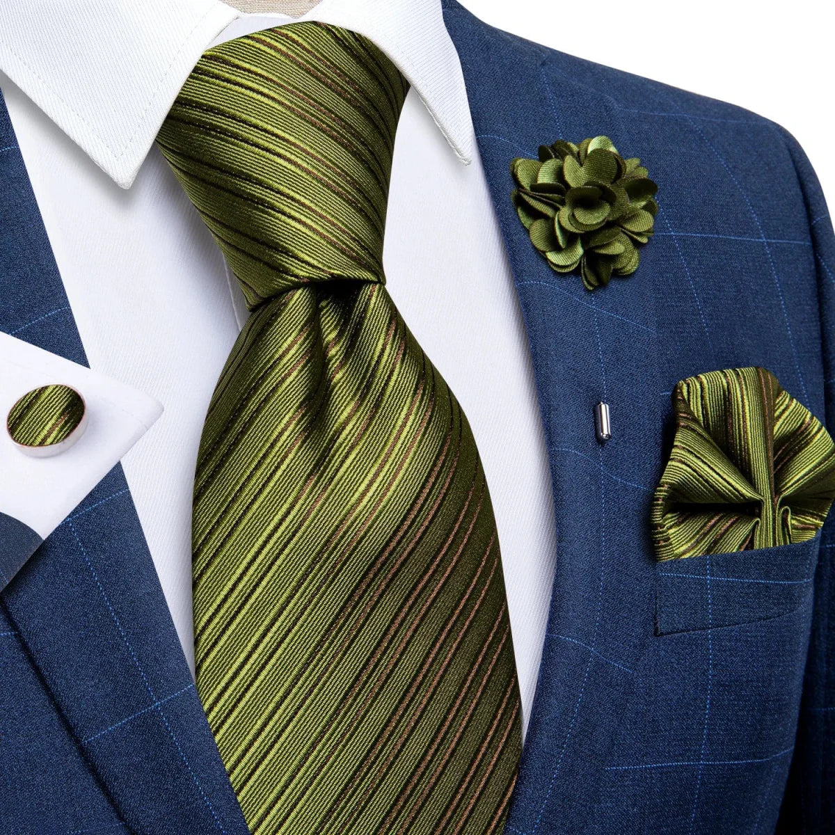Yellow plaid silk tie set for men with cufflinks, pin, and handkerchief, perfect for weddings and formal occasions.
