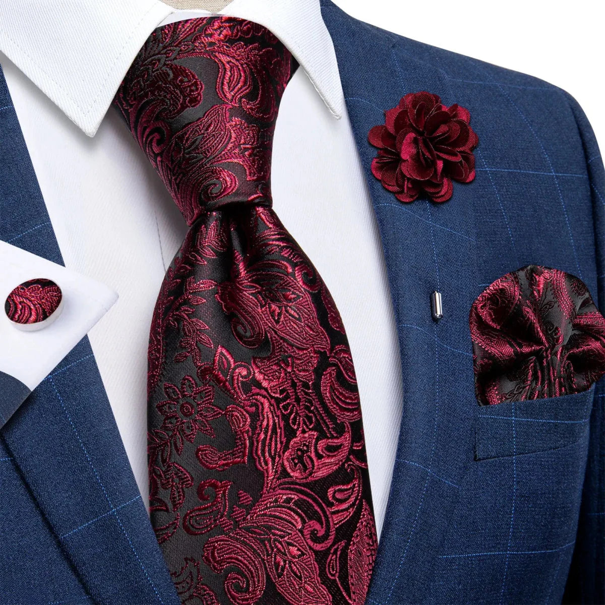 DiBanGu yellow plaid silk tie set for men includes cufflinks, pin, and handkerchief, ideal for weddings and formal occasions.