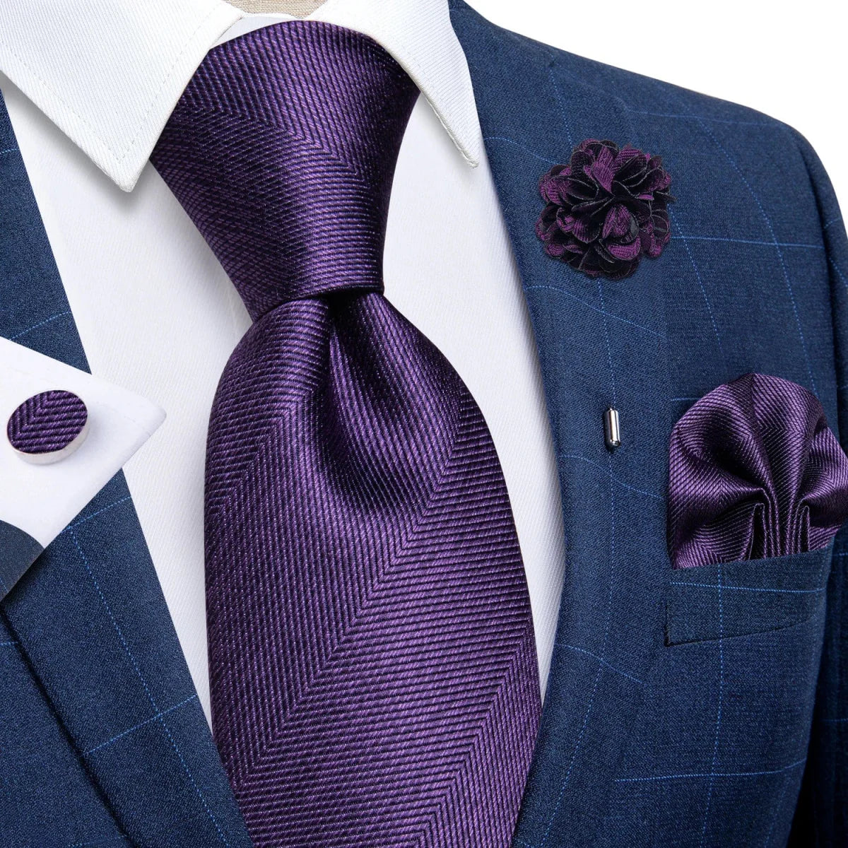 Yellow plaid silk tie set for men with cufflinks, brooch pin, and handkerchief, ideal for weddings and formal occasions.