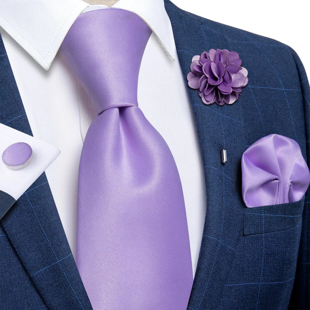 Yellow plaid silk tie set for men with cufflinks, pin, and handkerchief, ideal for weddings and formal occasions.