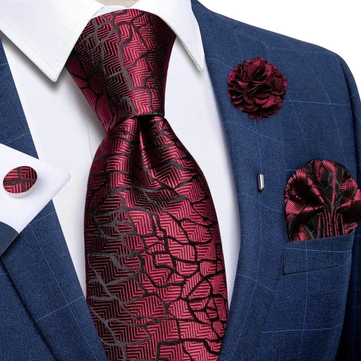 DiBanGu yellow plaid silk tie set for men with cufflinks, pin, and handkerchief, perfect for weddings and formal occasions.