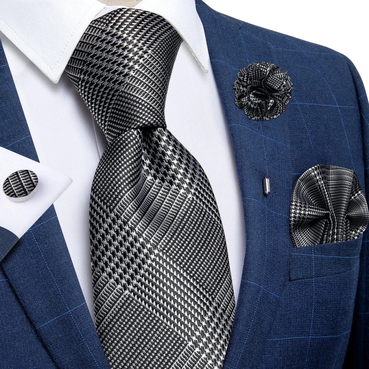 Yellow plaid silk tie set for men featuring cufflinks, pin, and handkerchief, ideal for weddings and formal occasions.
