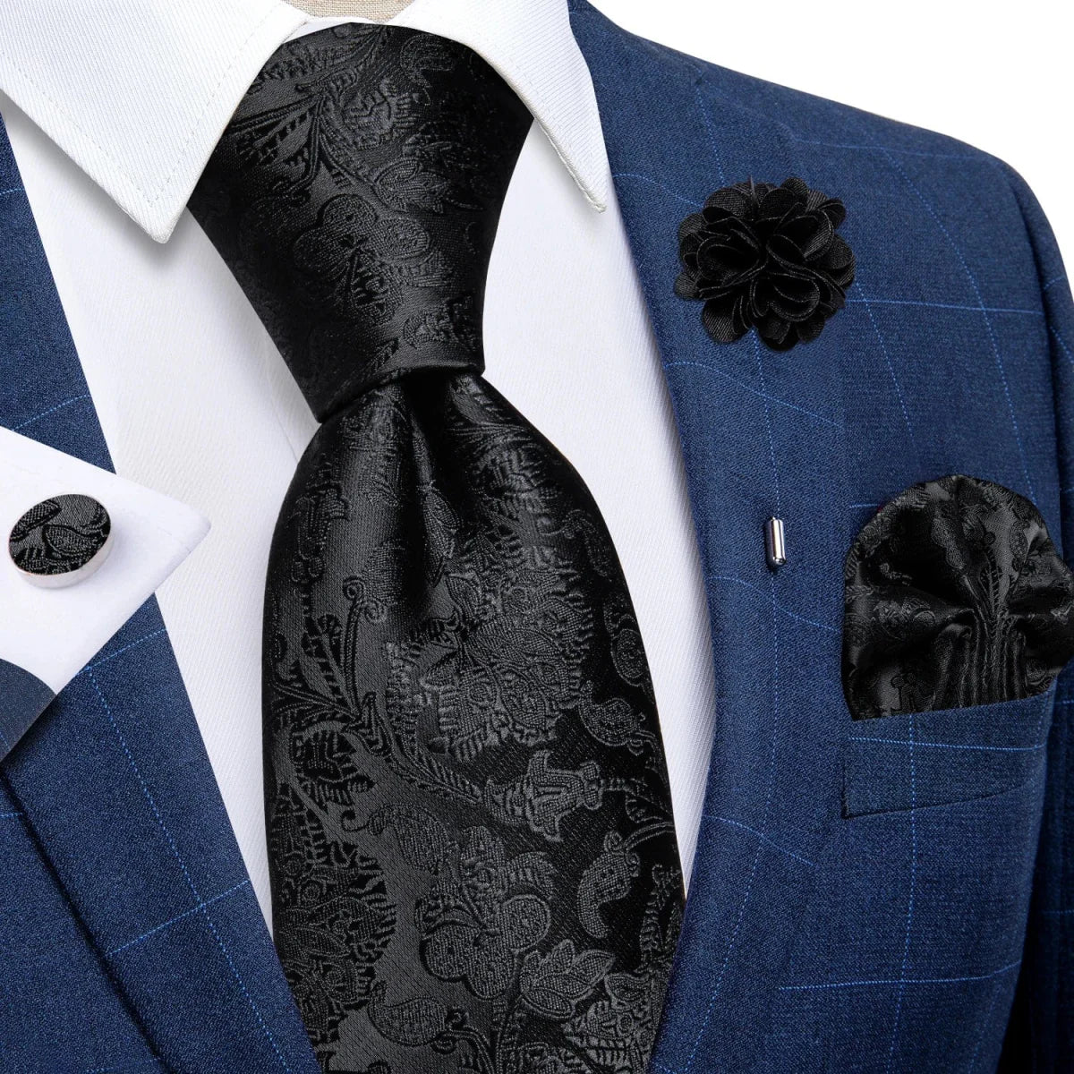 Yellow plaid silk tie set for men including cufflinks, pin, and handkerchief, perfect for weddings and formal occasions.