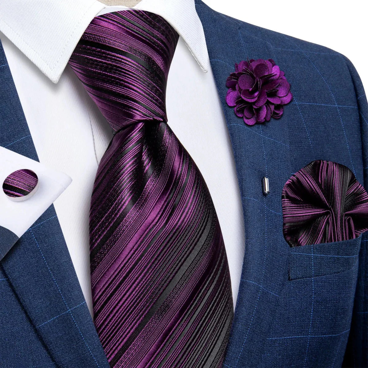 Yellow plaid silk tie set for men with cufflinks, pin, and handkerchief, ideal for weddings and formal occasions.
