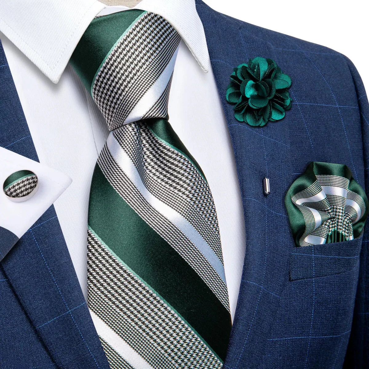 Yellow plaid silk tie set for men with cufflinks and pin, includes handkerchief and wedding accessories, stylish and elegant.