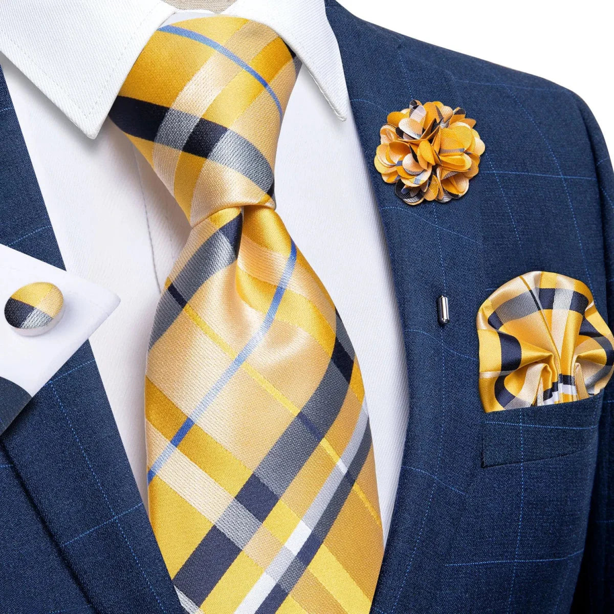Yellow plaid silk tie set for men with cufflinks, pin, and handkerchief, perfect for weddings and formal occasions.