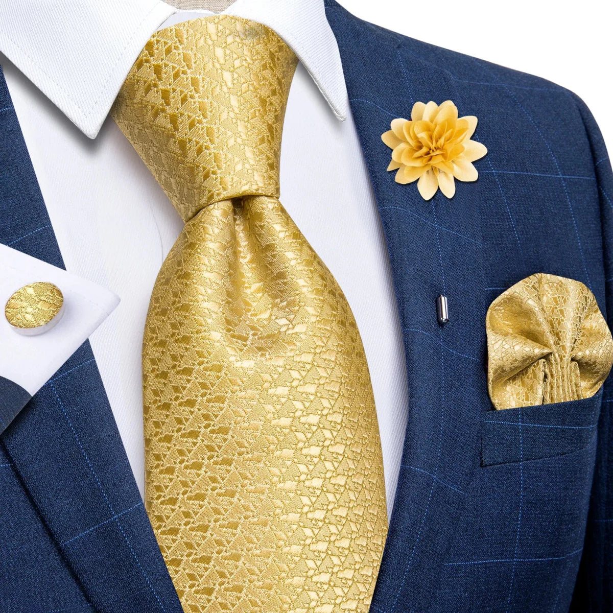 Yellow plaid silk tie set for men with cufflinks, brooch pin, and handkerchief, ideal for weddings and formal occasions.