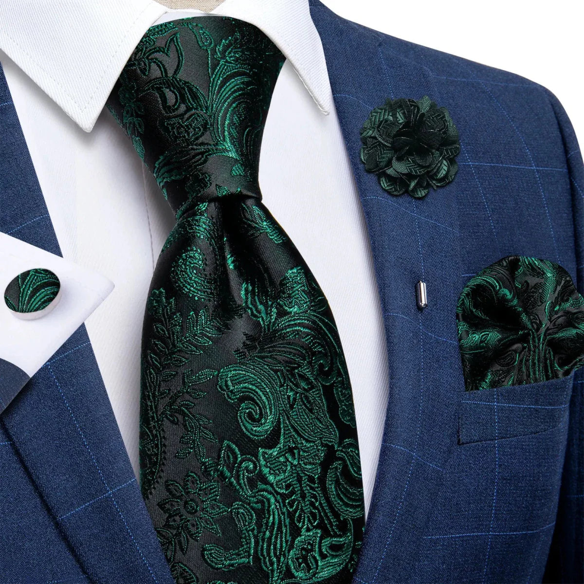 DiBanGu yellow plaid silk tie set for men includes cufflinks, pin, and handkerchief, perfect for wedding or formal occasions.