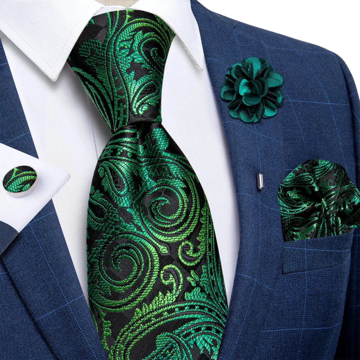 Yellow plaid silk tie set for men includes cufflinks and pin, perfect for weddings and formal occasions.
