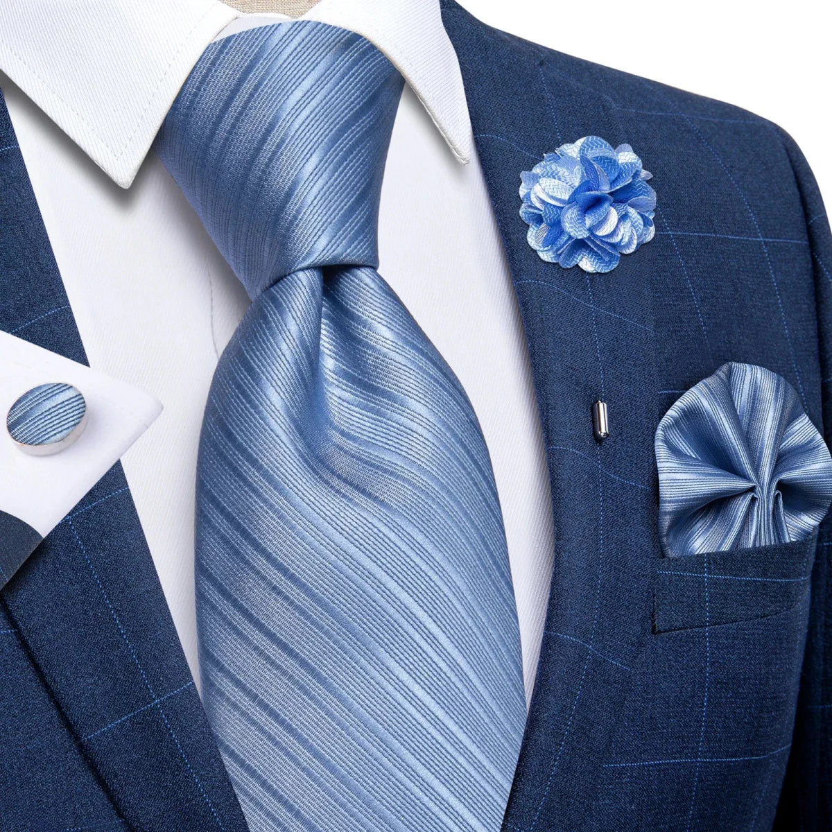 Yellow plaid silk tie set for men includes cufflinks, pin, and handkerchief, perfect for formal occasions and weddings.