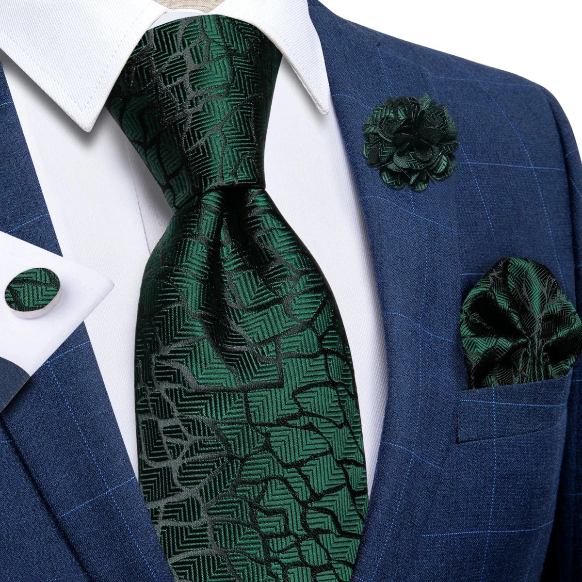 Yellow plaid silk tie set for men with cufflinks, pin, and handkerchief, ideal for weddings and formal occasions.