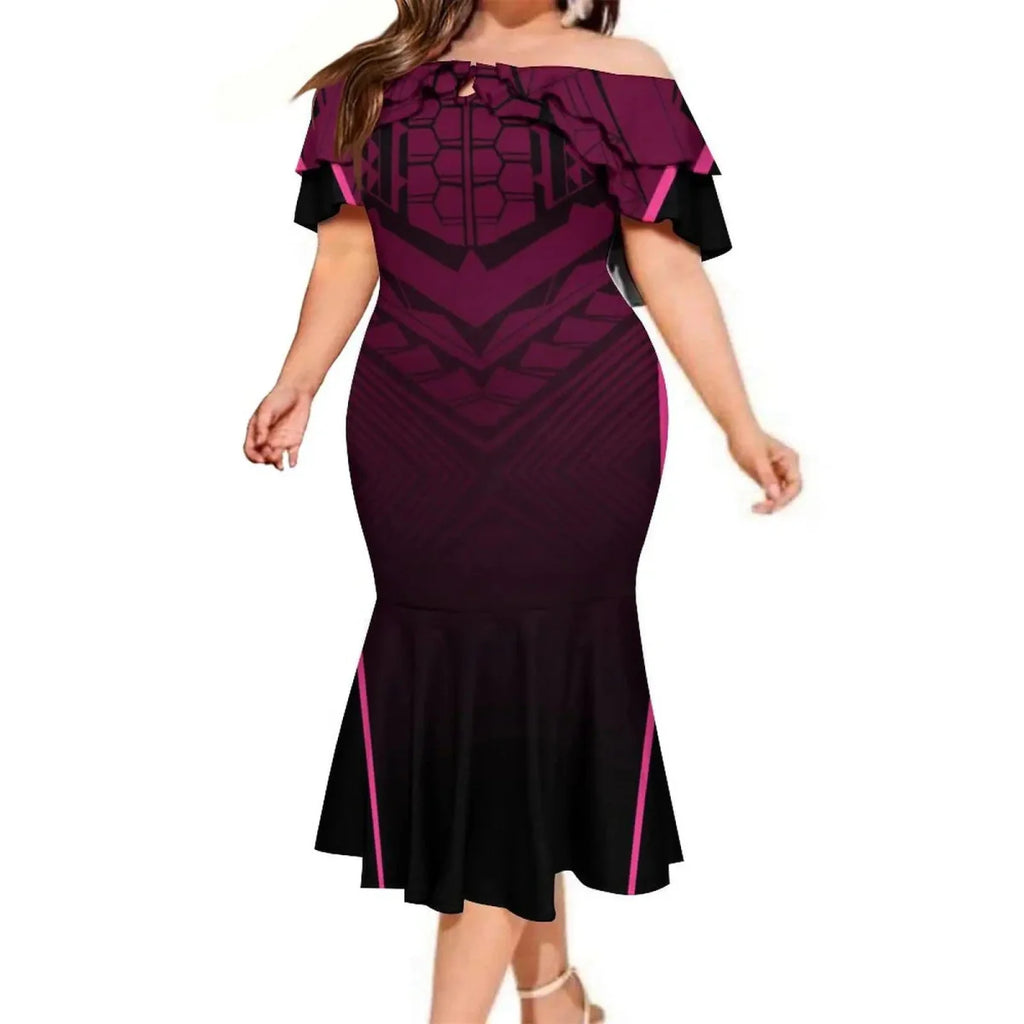 Polynesian couple suit featuring a men's aloha shirt and a woman's mermaid dress with tropical Hawaiian design.