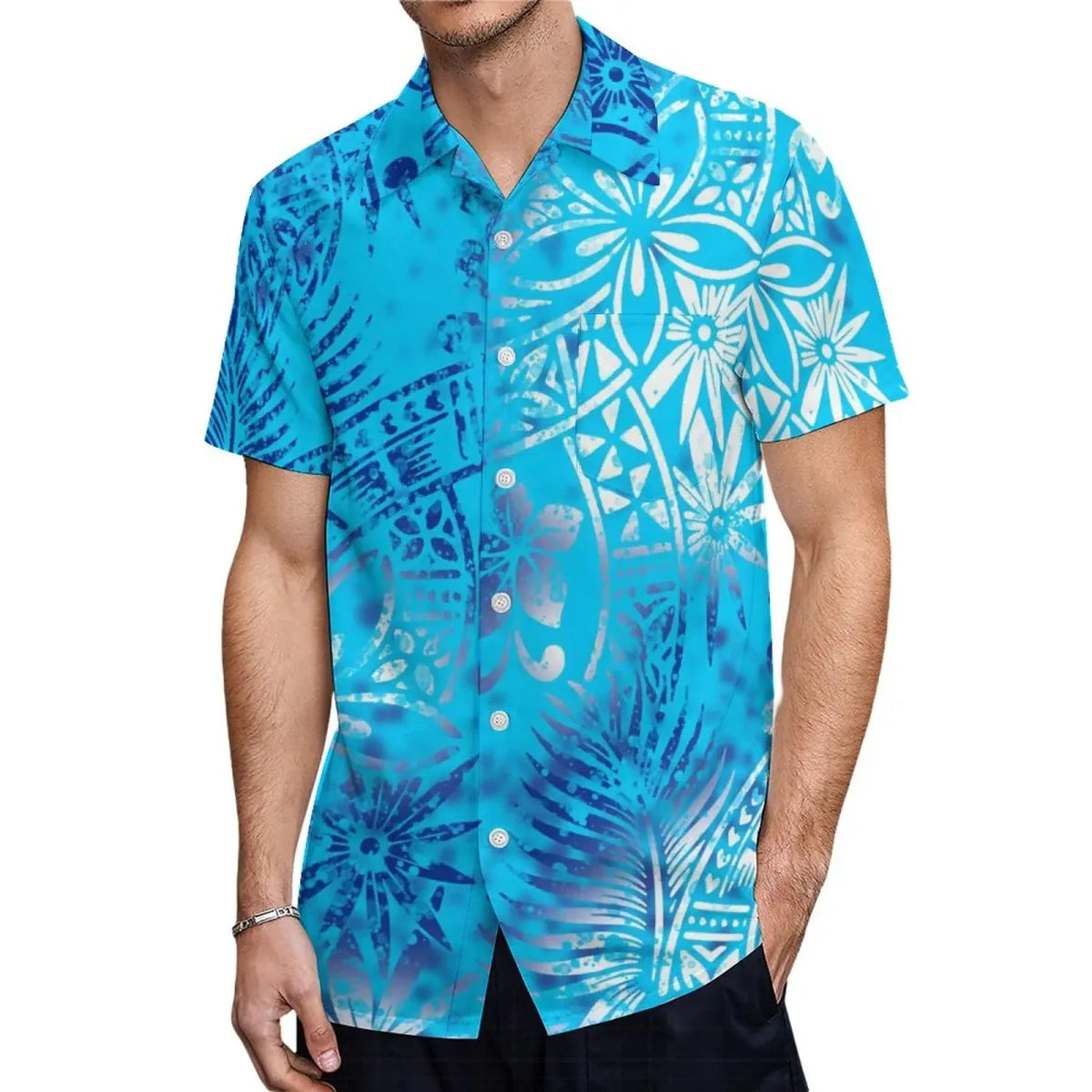 Polynesian couple wearing Showlu Fashion Aloha shirt and mermaid dress, featuring vibrant Hawaiian-inspired patterns and designs.