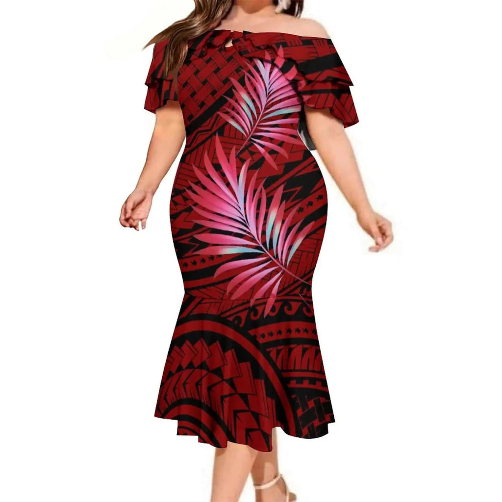 Polynesian couple wearing Aloha shirts and a mermaid dress, showcasing tropical Hawaiian fashion by SHOWLU FASHION STORE.