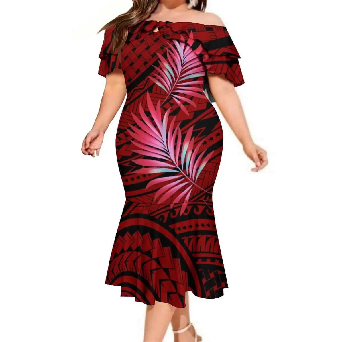 Polynesian couple wearing Aloha shirts and a mermaid dress, showcasing tropical Hawaiian fashion by SHOWLU FASHION STORE.