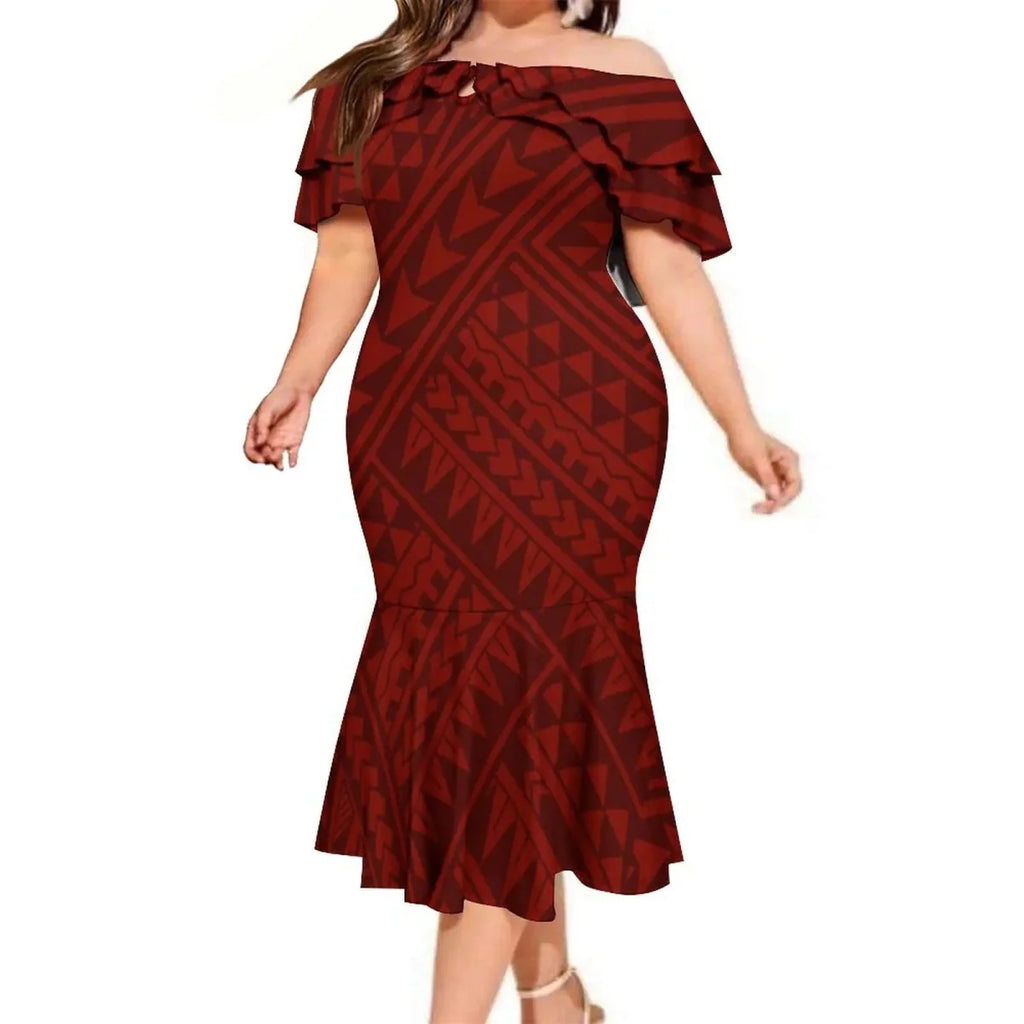 Polynesian couple suit featuring a men's aloha shirt and a women's mermaid dress, with tropical Hawaiian-inspired designs.