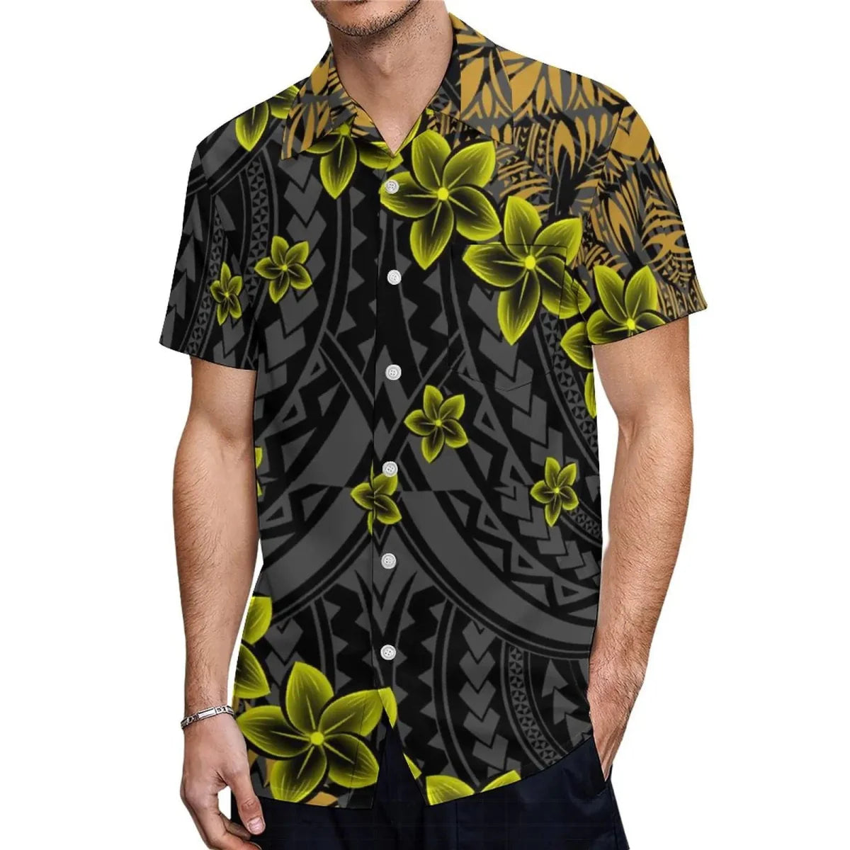 Showlu Fashion Polynesian couple suit with aloha shirt for men and mermaid dress for women, featuring vibrant Hawaiian-inspired designs.