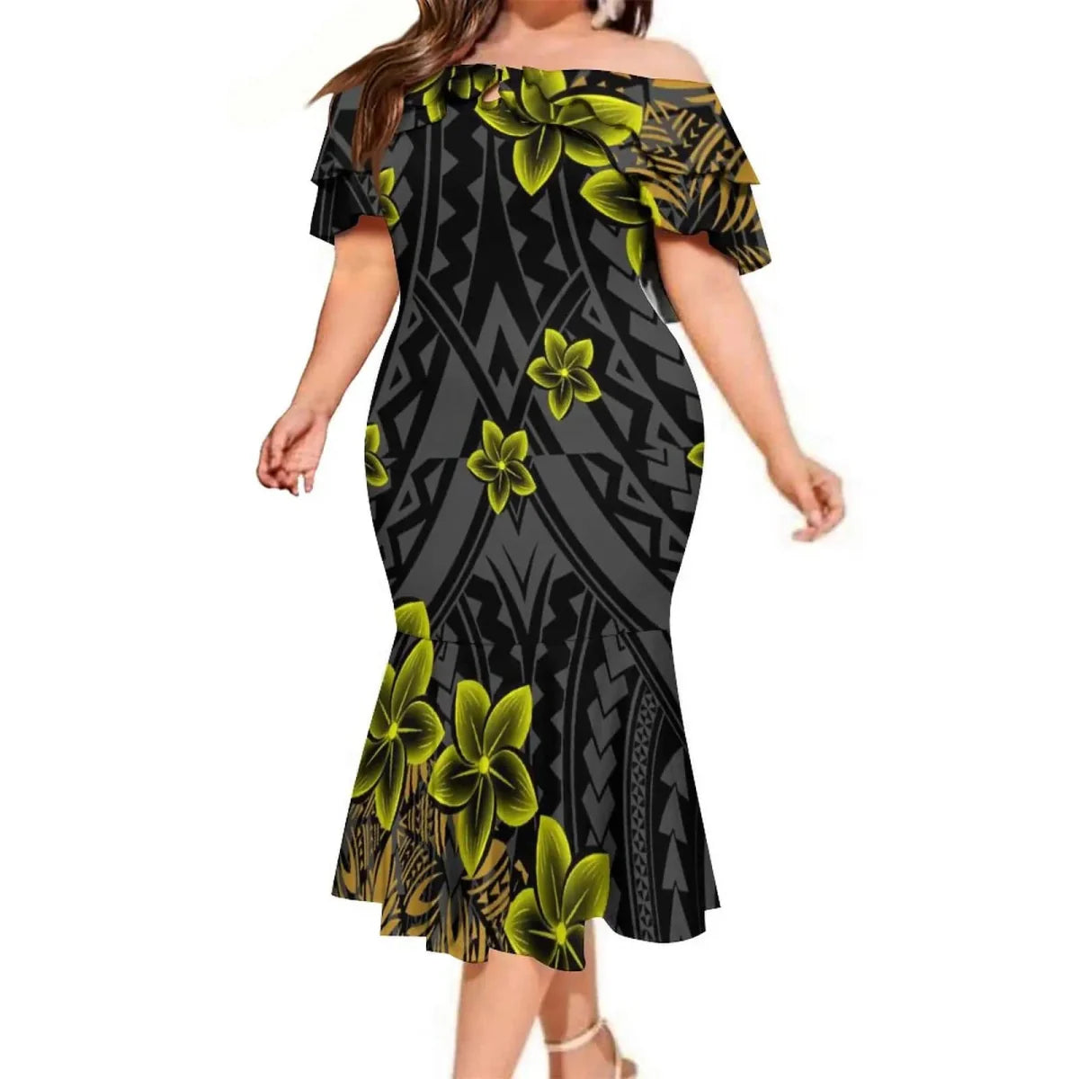 Showlu Fashion Polynesian couple suit with matching aloha shirt for men and mermaid dress for women, featuring vibrant tropical designs.