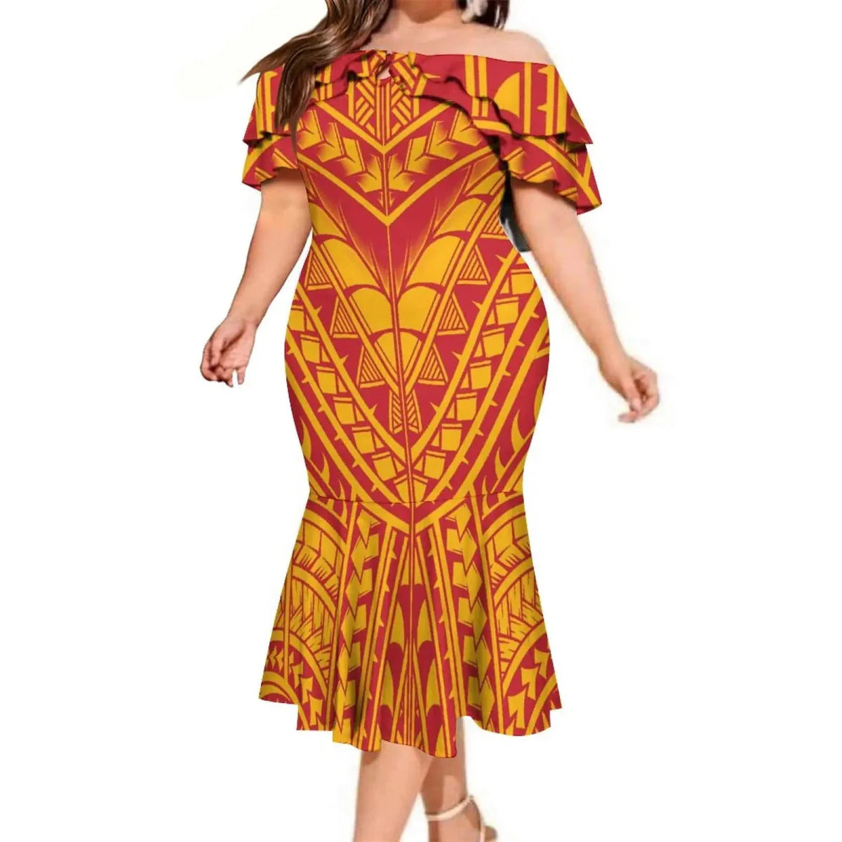 Polynesian couple suit featuring a men's aloha shirt and a woman's mermaid dress from Showlu Fashion, with tropical island style.
