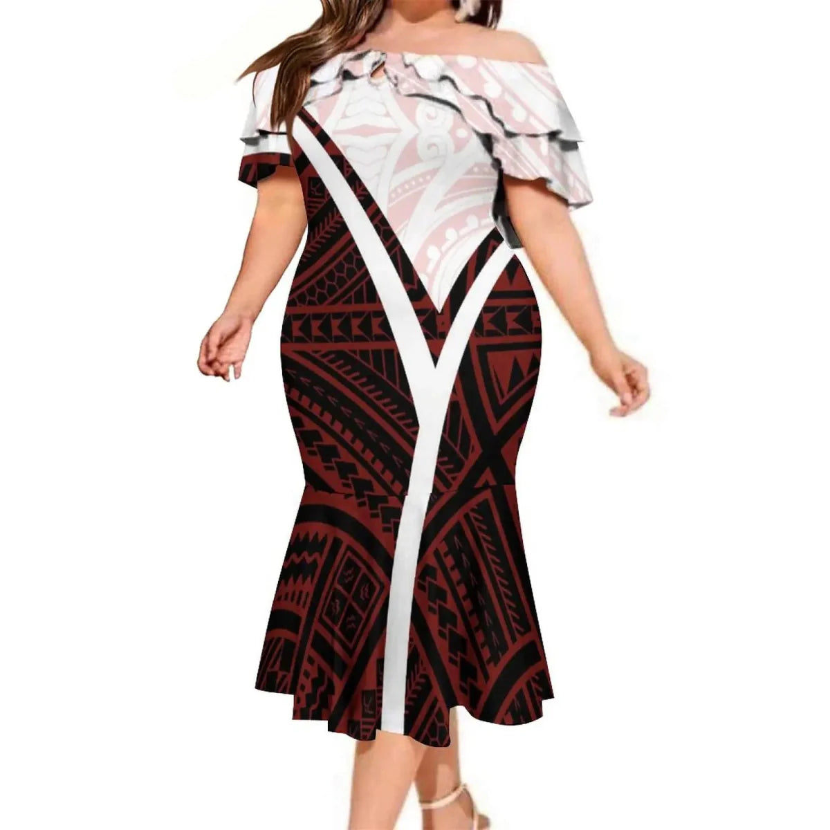 Polynesian couple matching outfits: men's aloha shirt and women's mermaid dress with tropical floral patterns, SHOWLU FASHION STORE.