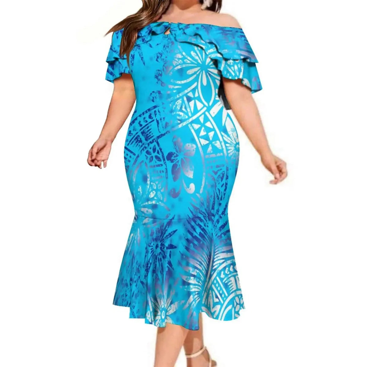 Polynesian couple in matching aloha shirt and mermaid dress from SHOWLU FASHION STORE, featuring vibrant island-inspired designs.