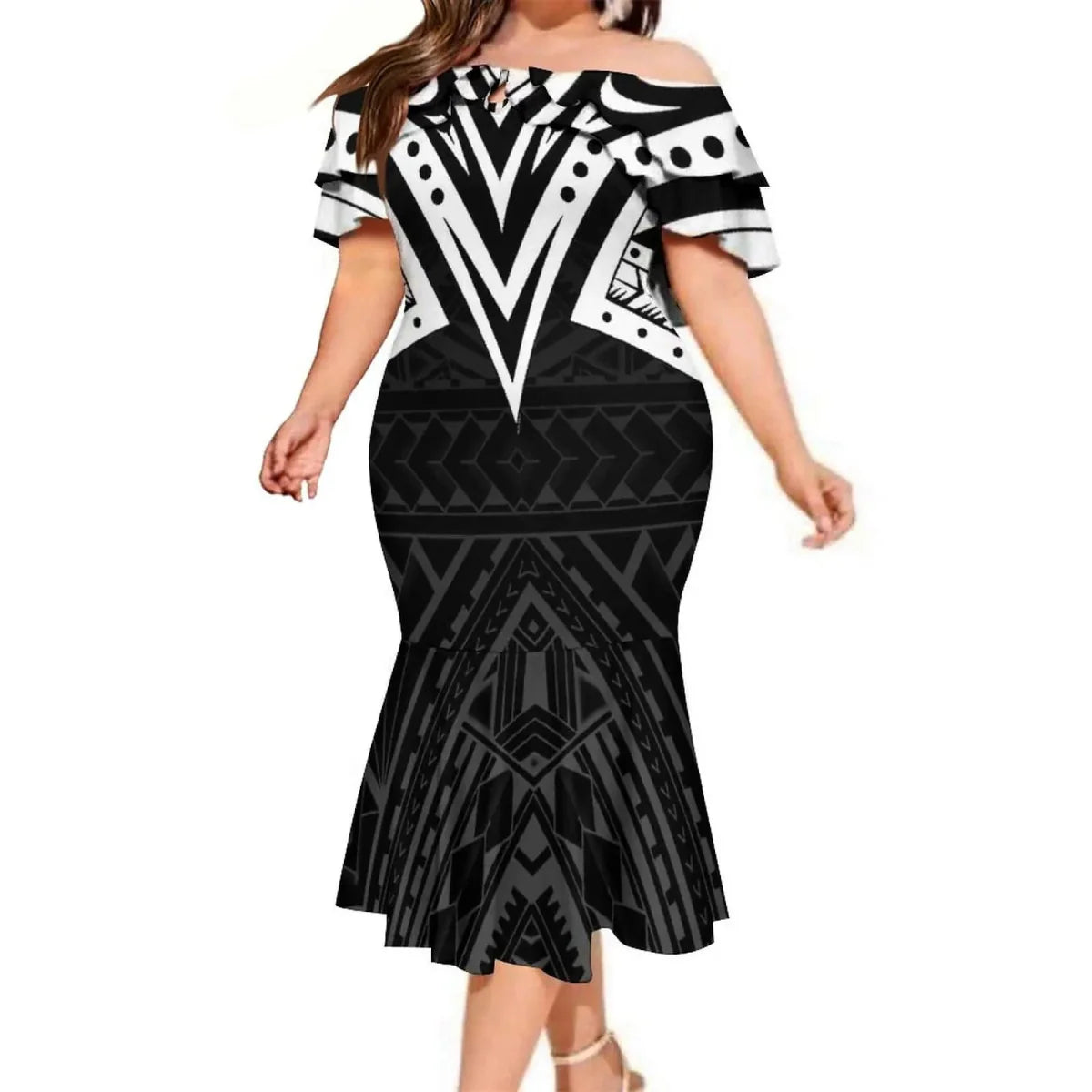 Polynesian couple suit featuring a men's aloha shirt and a women's mermaid dress, showcasing vibrant tropical Hawaiian style.