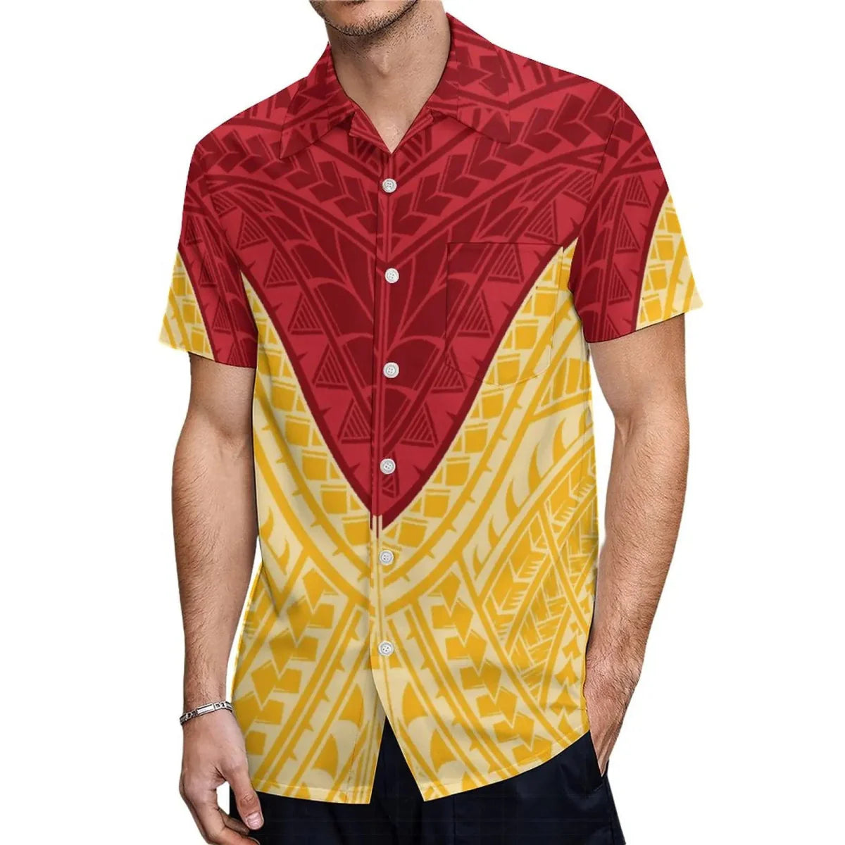 Polynesian couple suit featuring a men's aloha shirt and a women's mermaid dress, vibrant Hawaiian-themed fashion by Showlu Fashion.