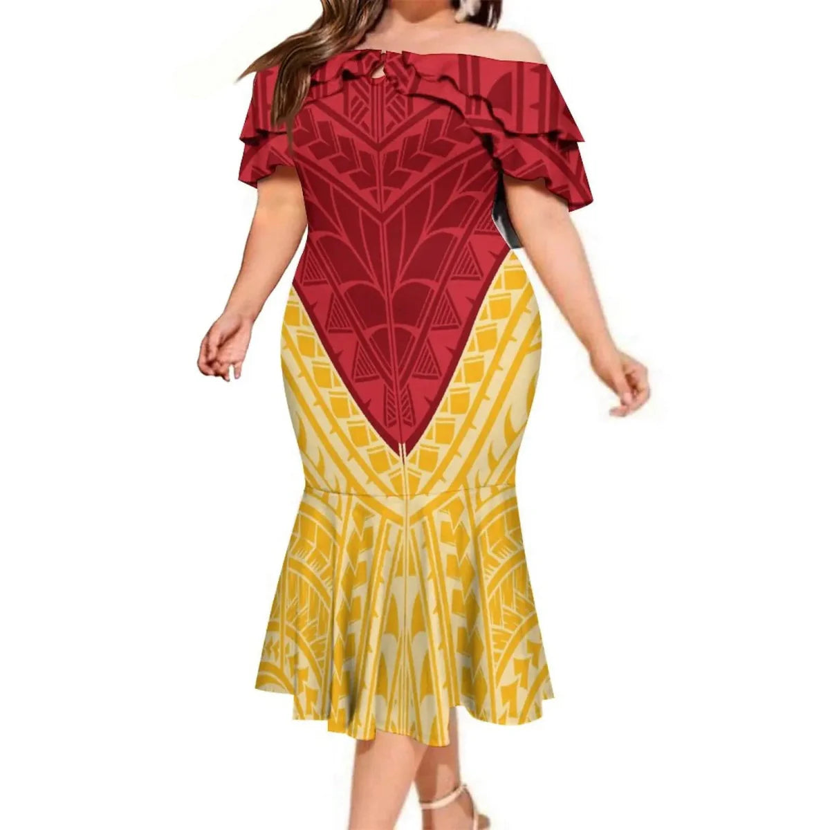 Showlu Fashion Polynesian couple suit with aloha shirt for men and mermaid dress for women, featuring vibrant Hawaii-inspired designs.