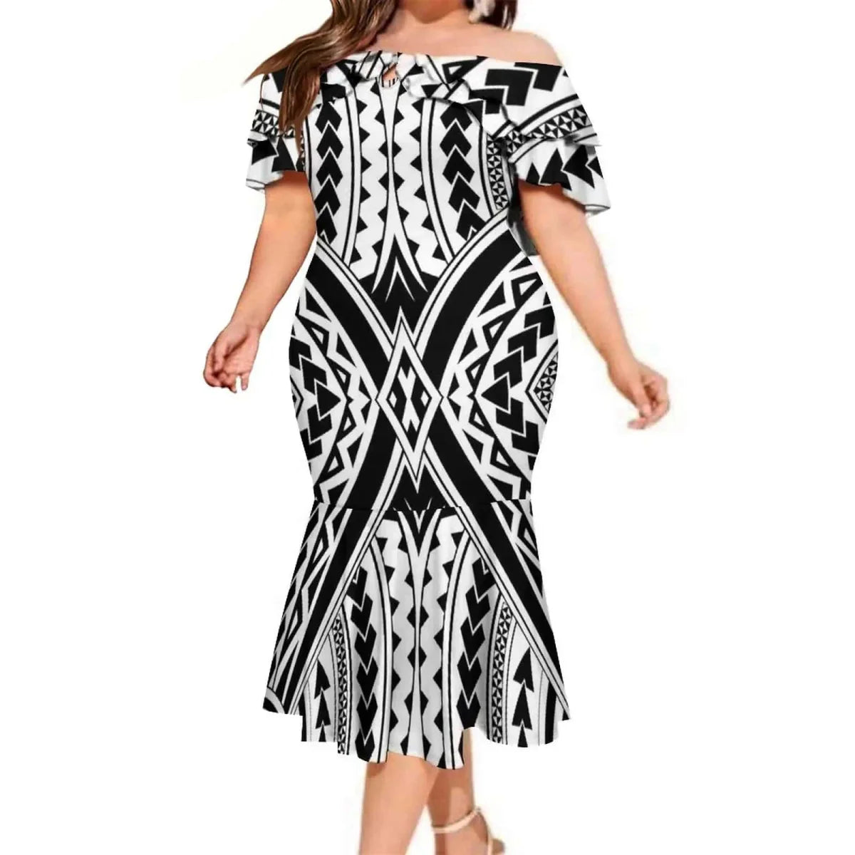 Showlu Fashion Polynesian couple suit featuring a Hawaiian aloha shirt for men and a mermaid dress for women, perfect for tropical occasions.