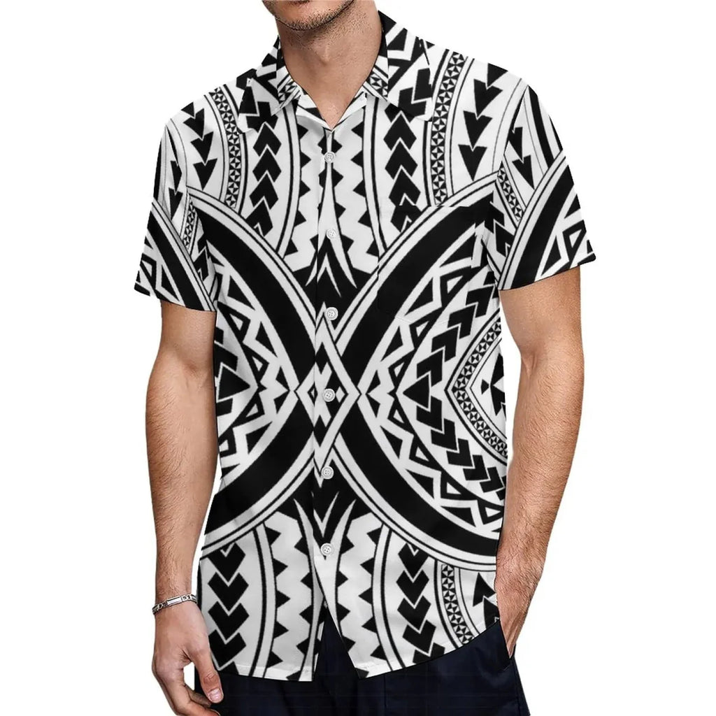 Showlu Polynesian couple suit with aloha shirt and mermaid dress, featuring vibrant tropical patterns for men and women.
