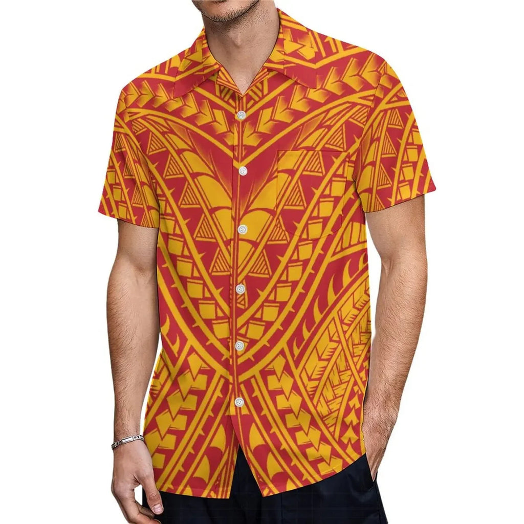 Polynesian couple suit with Aloha shirt for men and mermaid dress for women, featuring vibrant island-inspired designs.