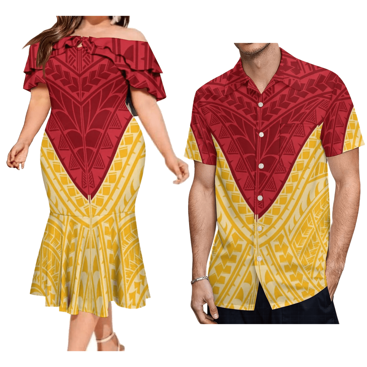 2023 New Custom Logo Big People Men Button Aloha Shirts And Women Mermaid Dress Hawaii Polynesian Personality Couple Suit - SHOWLU FASHION STORE