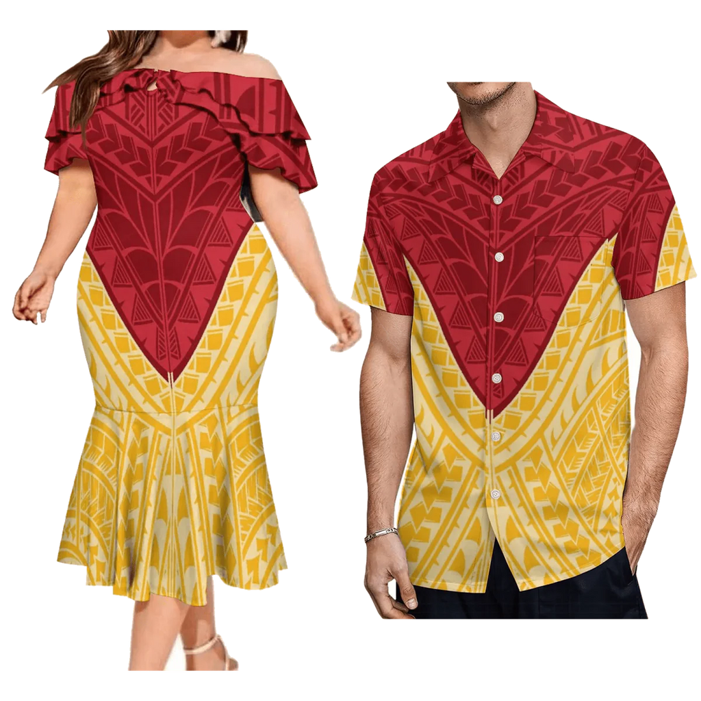 Polynesian couple suit featuring a men's Aloha shirt and a women's mermaid dress with tropical Hawaiian design.